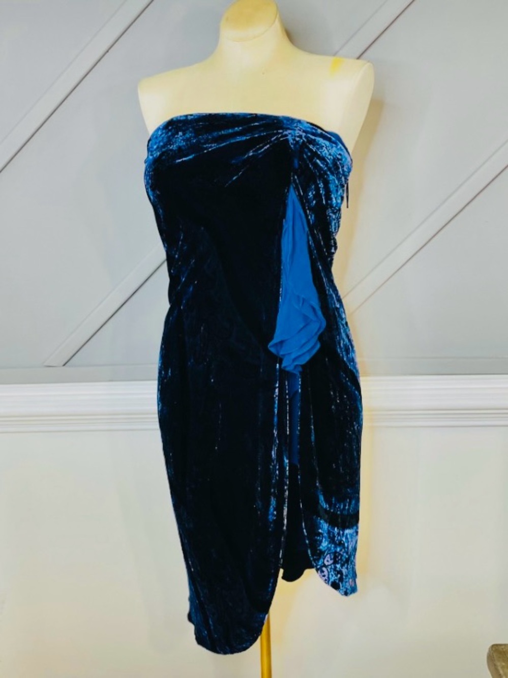 Vintage Ralph Lauren Black Label Navy Velvet Strapless Draped Cocktail Dress 10